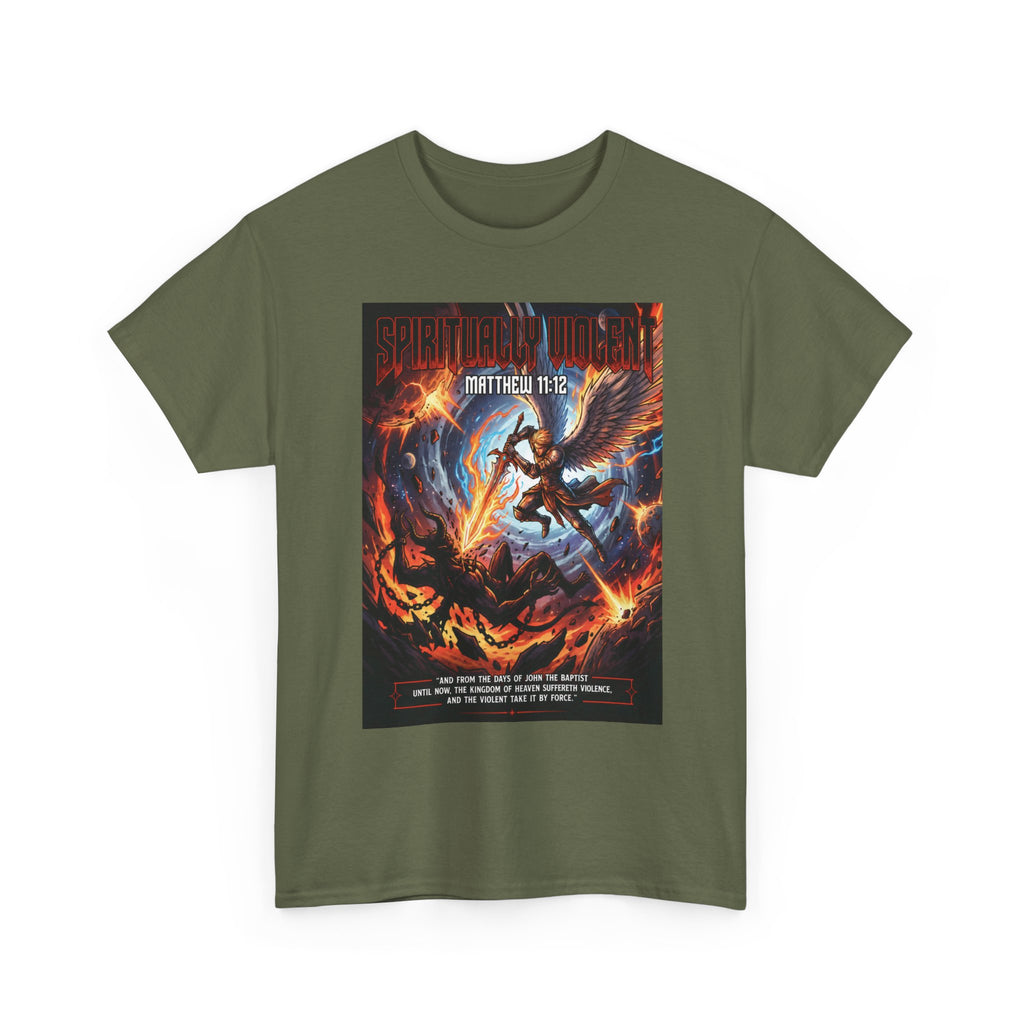 Archangel Battling Demon T-Shirt | Matthew 11:12 Scripture Graphic
