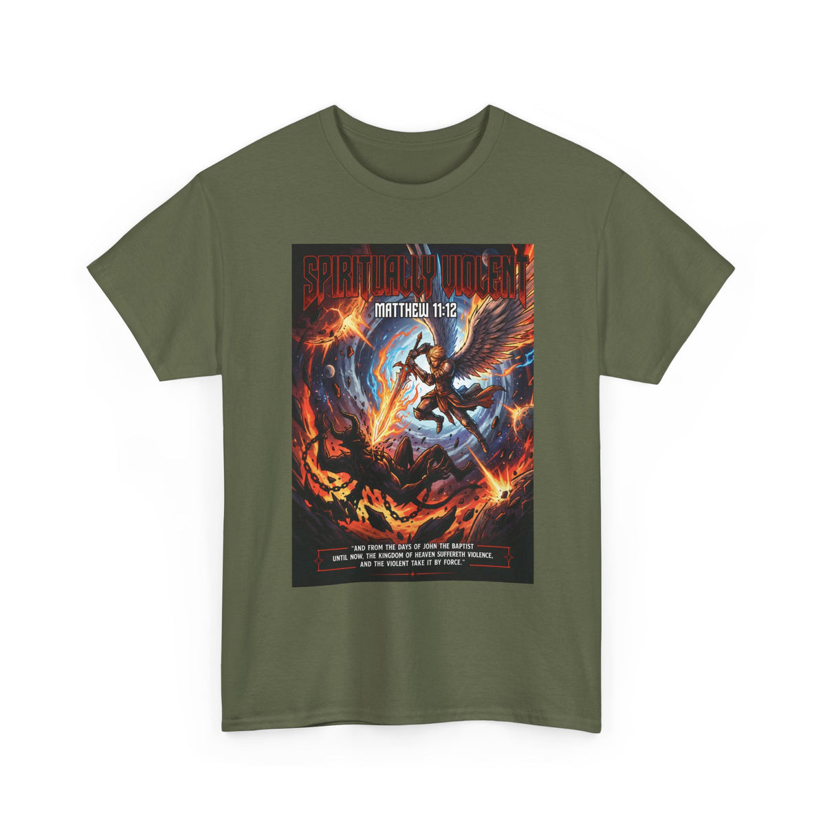 Archangel Battling Demon T-Shirt | Matthew 11:12 Scripture Graphic