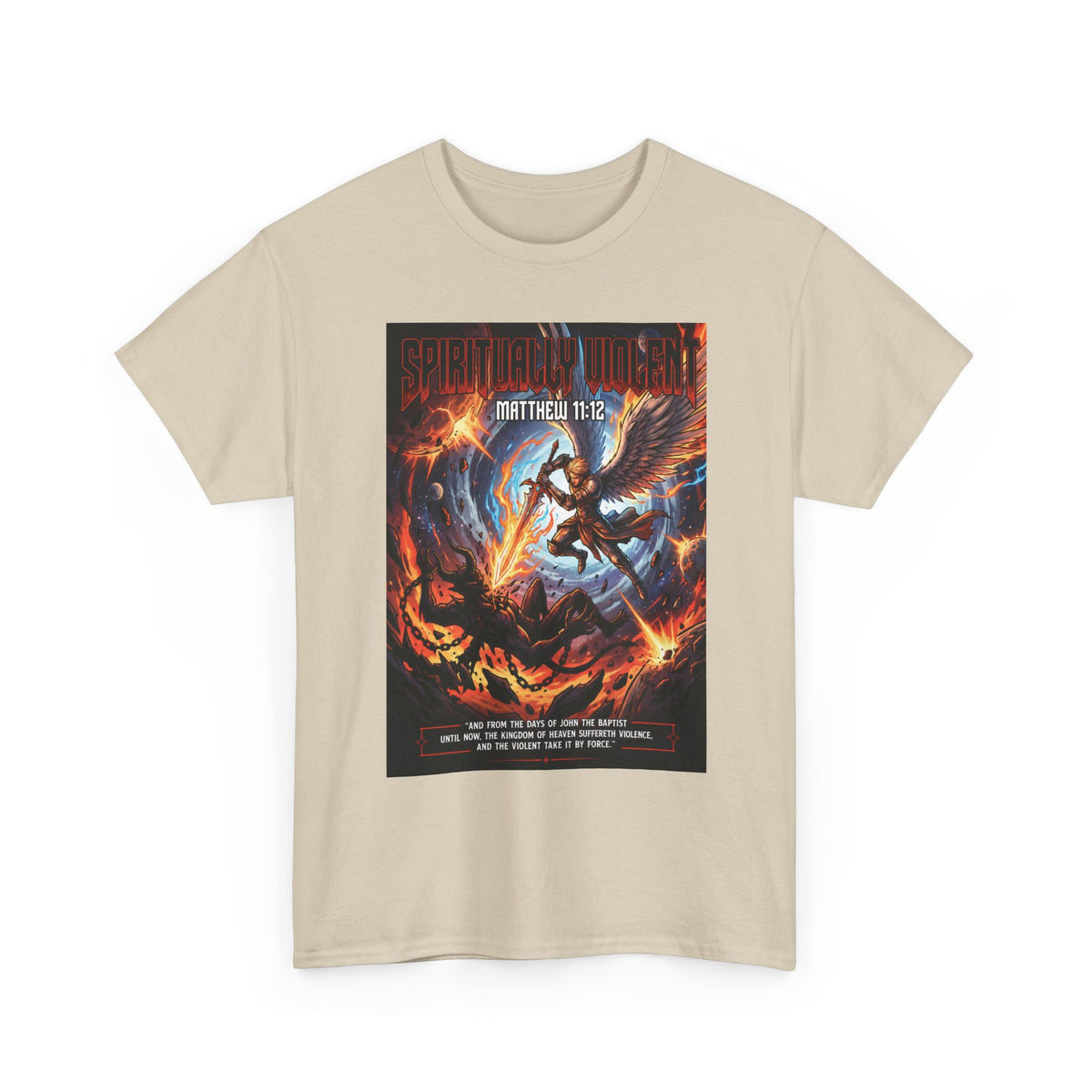 Archangel Battling Demon T-Shirt | Matthew 11:12 Scripture Graphic
