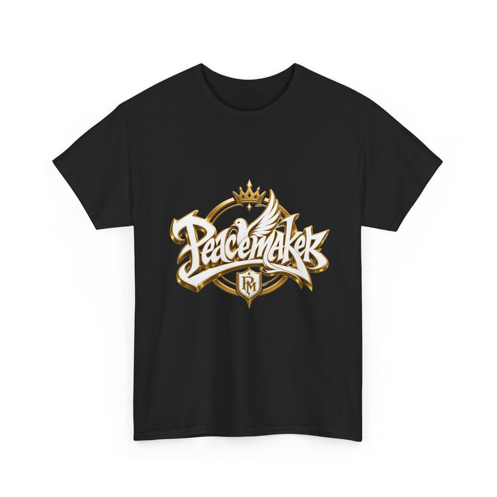 Peacemaker script logo T-Shirt | dove, crown, gold lettering