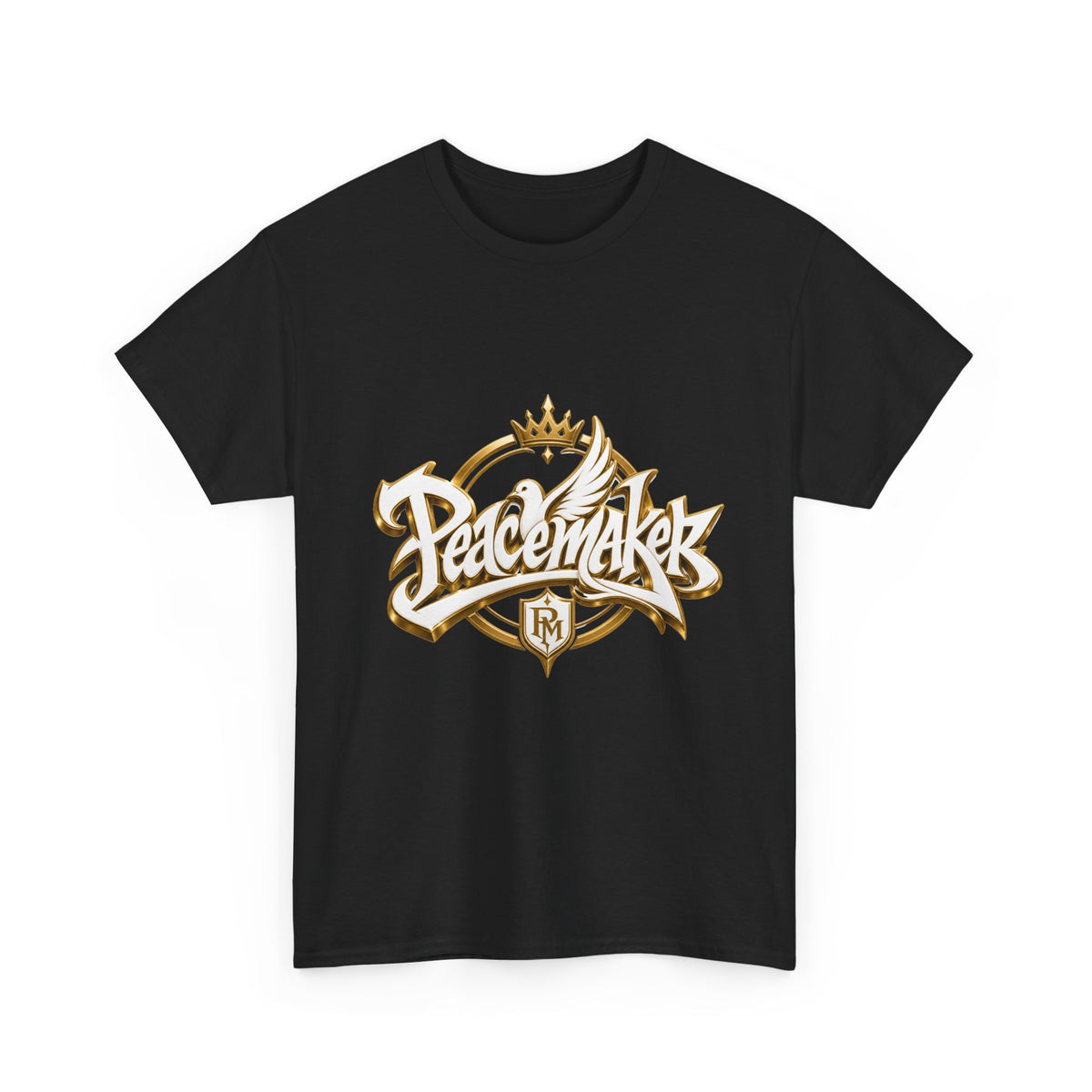 Peacemaker script logo T-Shirt | dove, crown, gold lettering