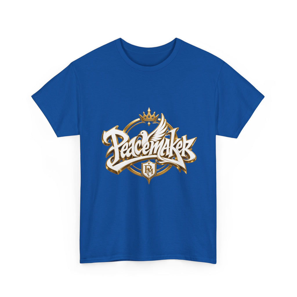 Peacemaker script logo T-Shirt | dove, crown, gold lettering