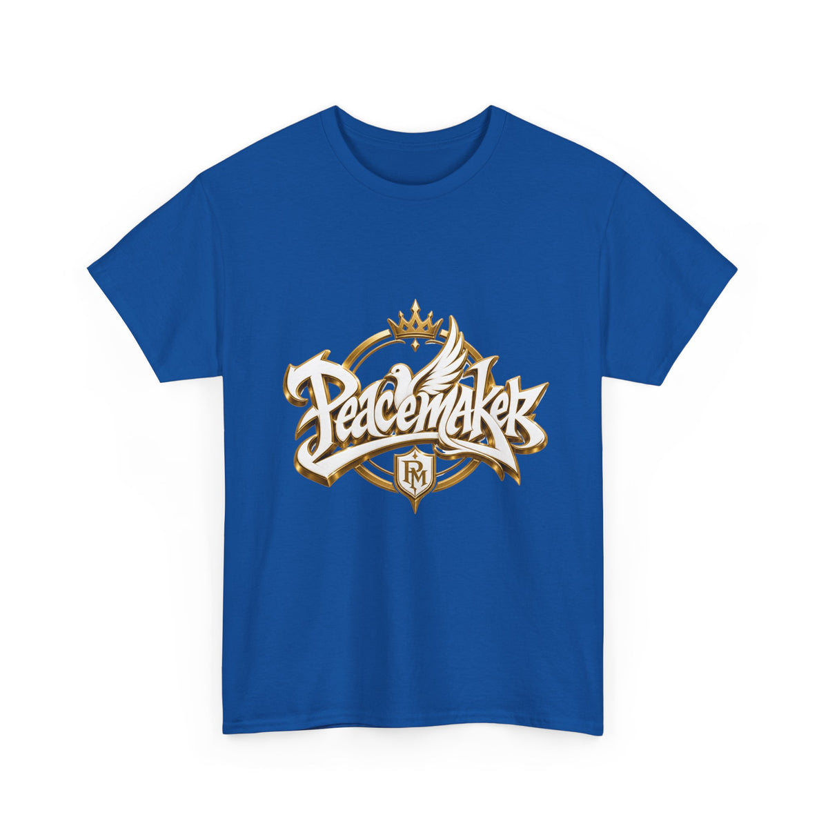 Peacemaker script logo T-Shirt | dove, crown, gold lettering
