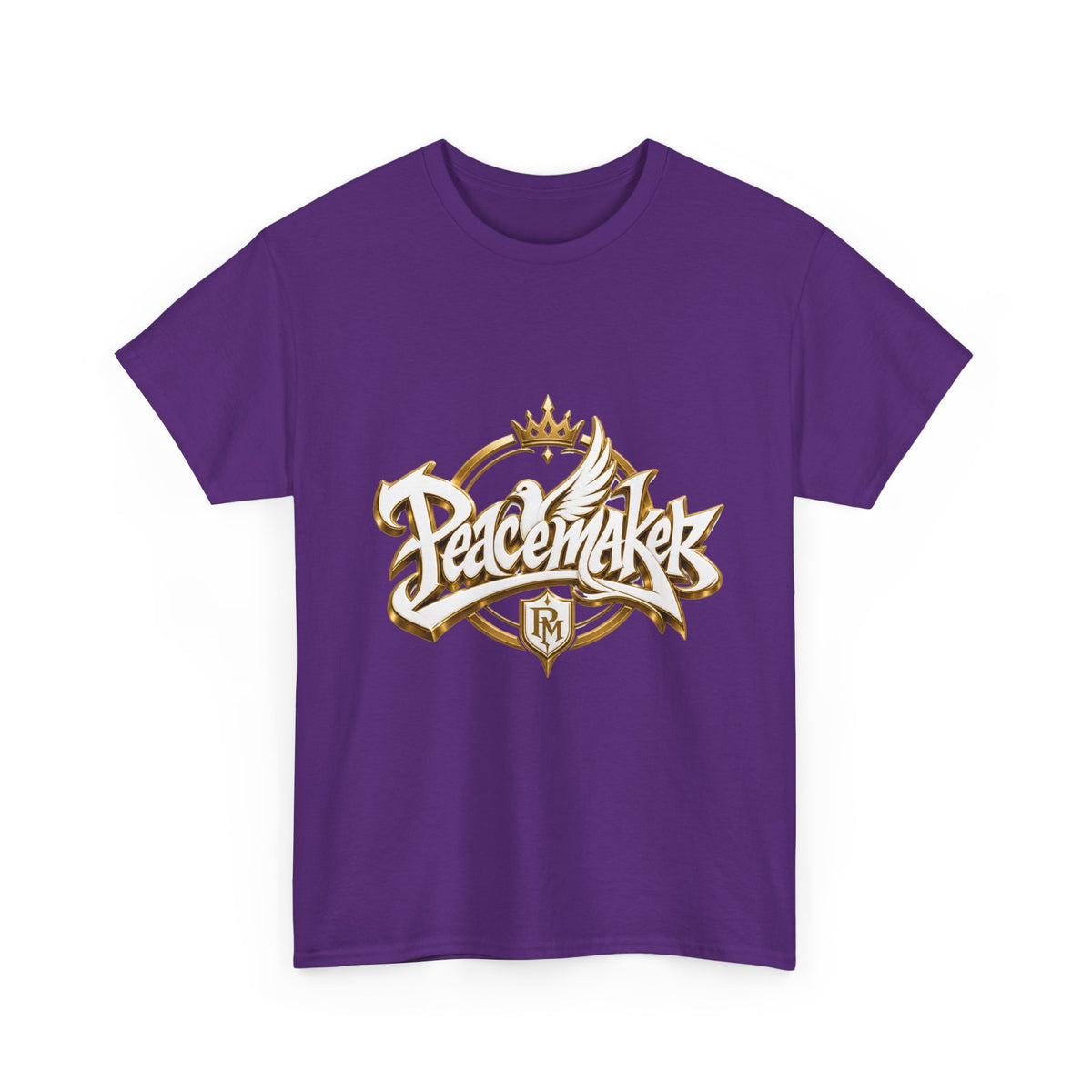 Peacemaker script logo T-Shirt | dove, crown, gold lettering
