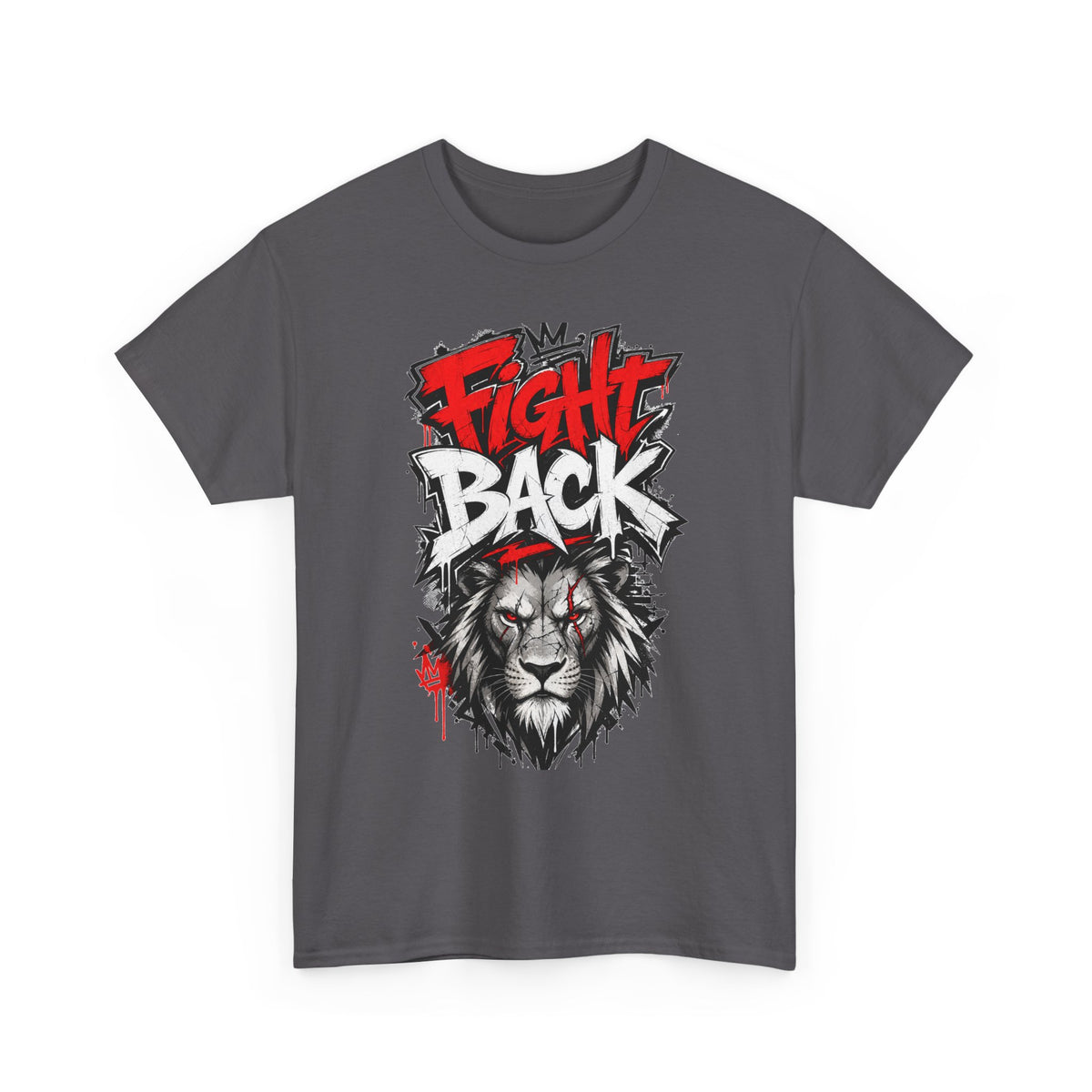 Fight Back Lion Graphic T-Shirt | Bold Graffiti Text, Fierce Lion Illustration