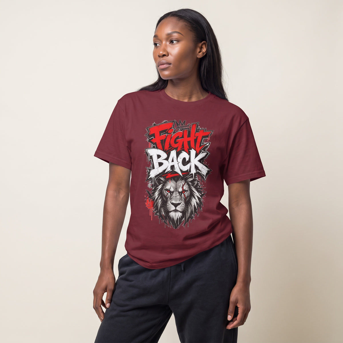 Fight Back Lion Graphic T-Shirt | Bold Graffiti Text, Fierce Lion Illustration