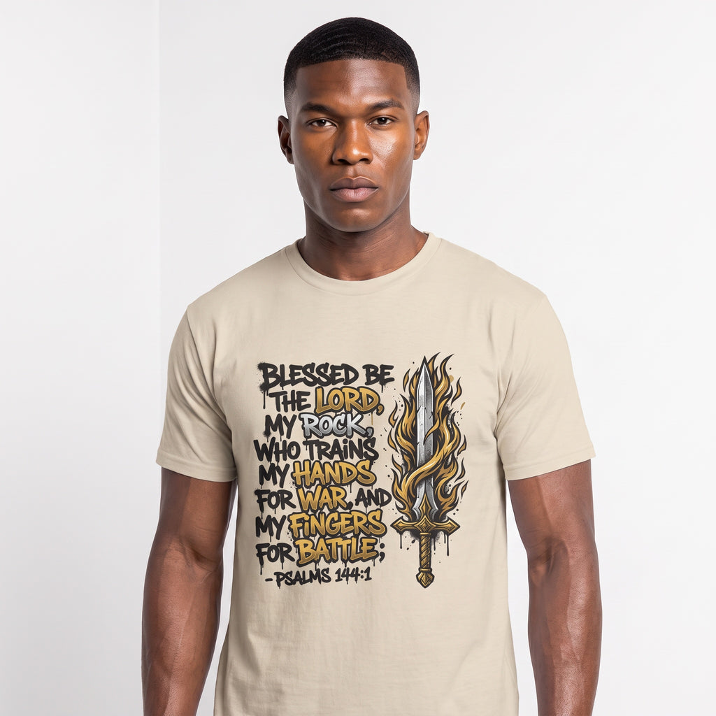 Psalm 144:1 Scripture Sword T-Shirt | Blessed Be the Lord Christian Tee