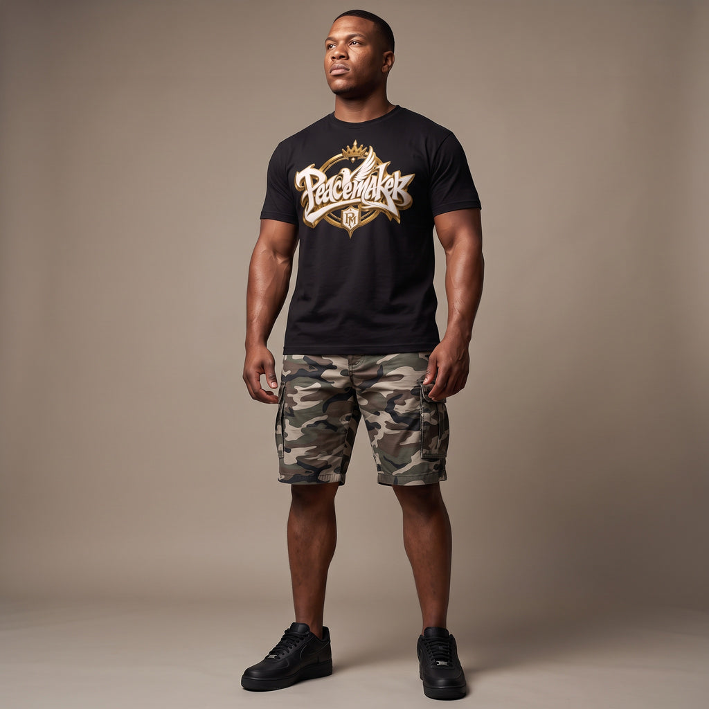 Peacemaker script logo T-Shirt | dove, crown, gold lettering