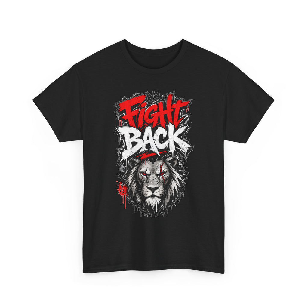 Fight Back Lion Graphic T-Shirt | Bold Graffiti Text, Fierce Lion Illustration