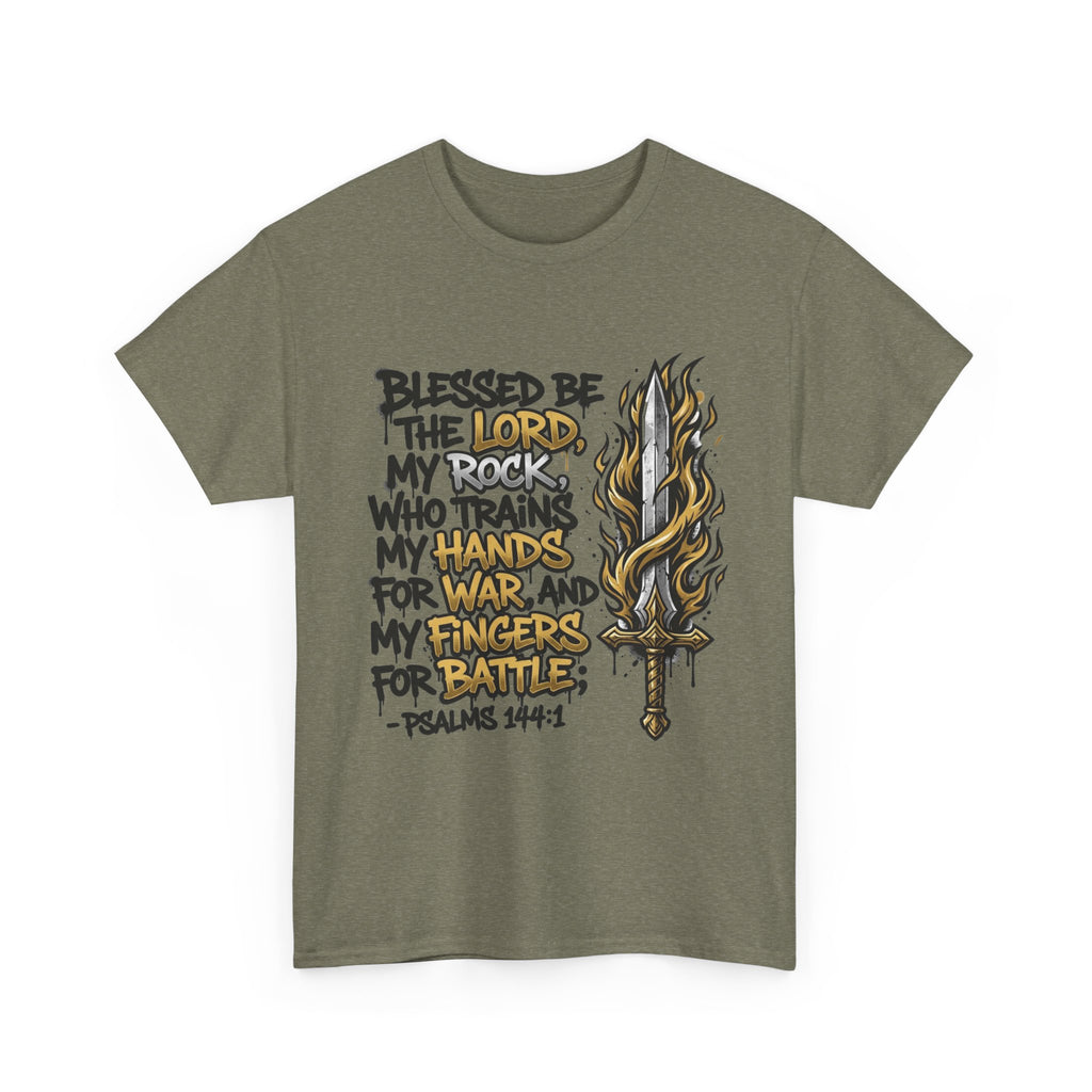 Psalm 144:1 Scripture Sword T-Shirt | Blessed Be the Lord Christian Tee